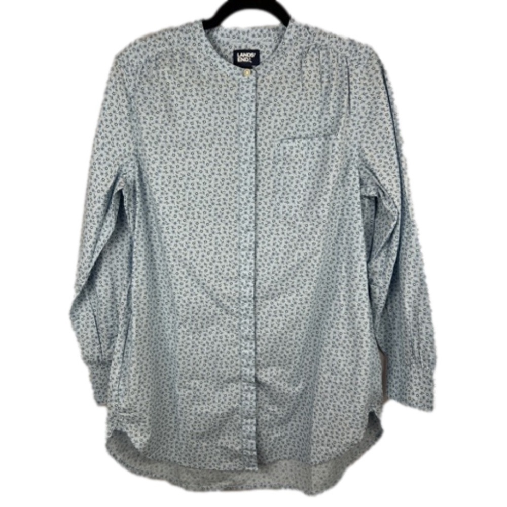 Lands’ End Blue Ditsy Floral Tunic Blouse with Side Pockets Large